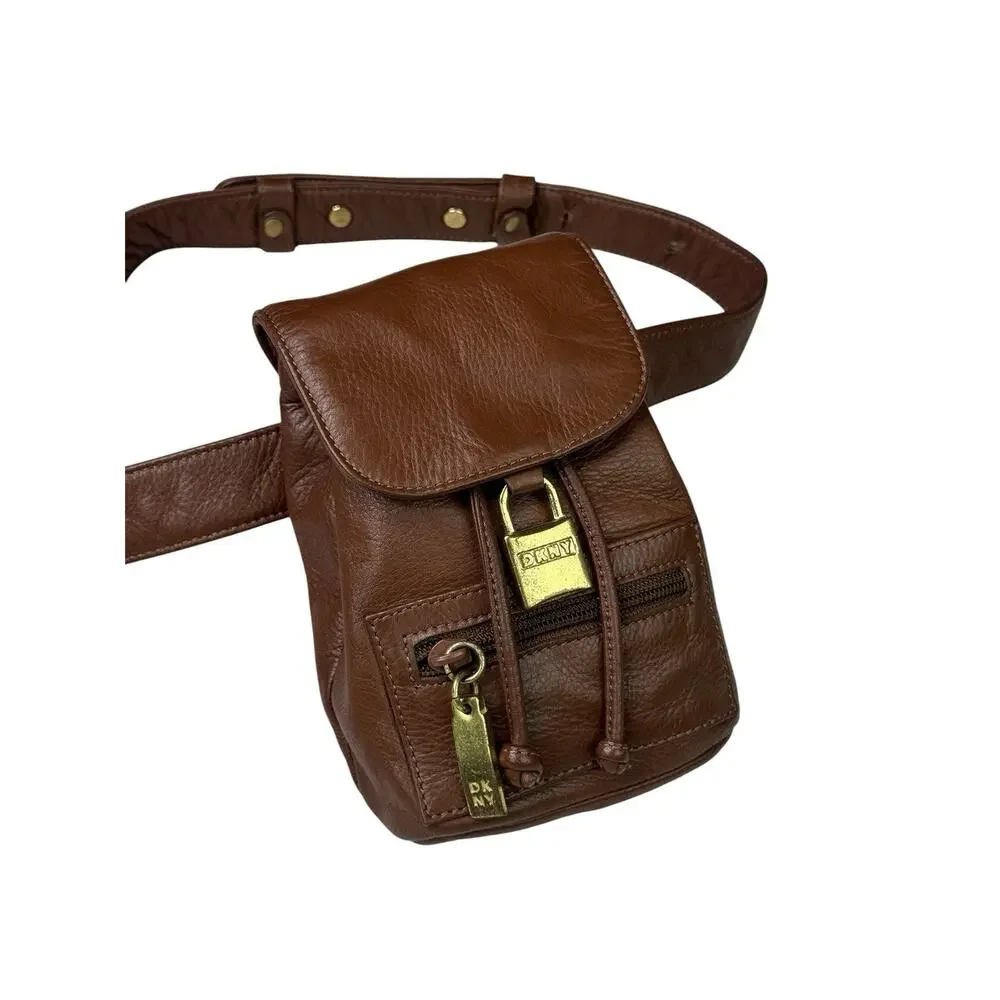 DKNY Donna Karan New York Y2K Vintage Brown Leather Mini Backpack Waist Belt